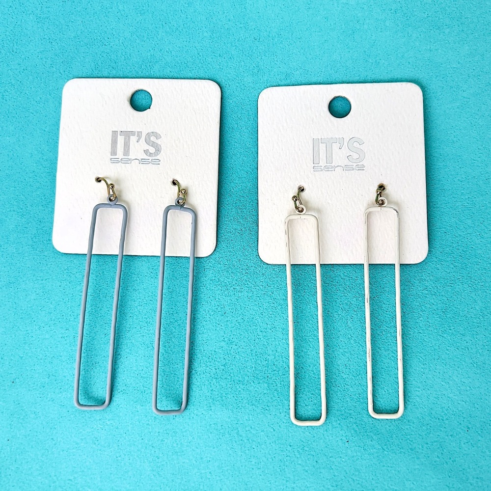 NWT It's Sense Brand Dangle Earrings Lot Of 2 White Gray Hook Rectangle Grunge
